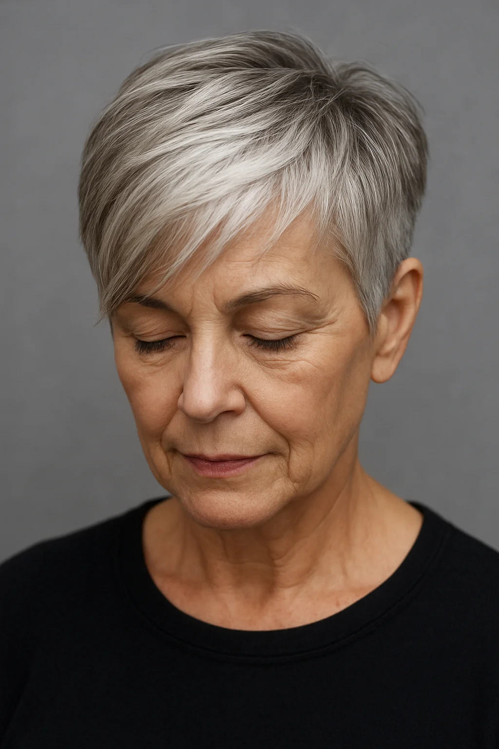 Asymmetrical Pixie with Side Sweep hairstyle for women over 60