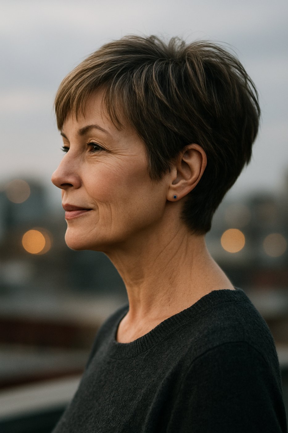 Short Layered Cut With Bangs hairstyle for women over 50