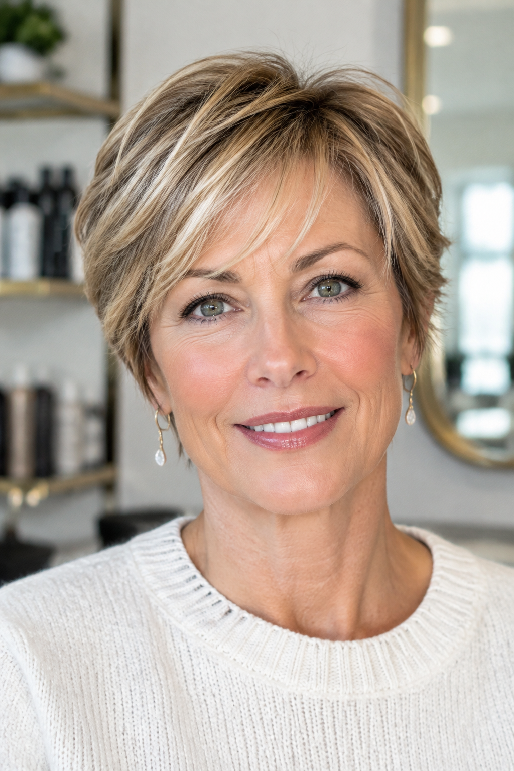 Woman over 50 with a short layered cut, fine hair lifted at the crown and not weighed down.