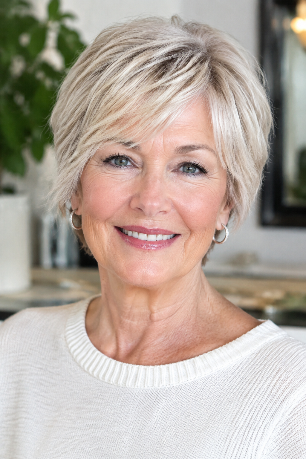 Woman over 70 with a short silver-blonde layered cut, ends that look soft rather than frayed.