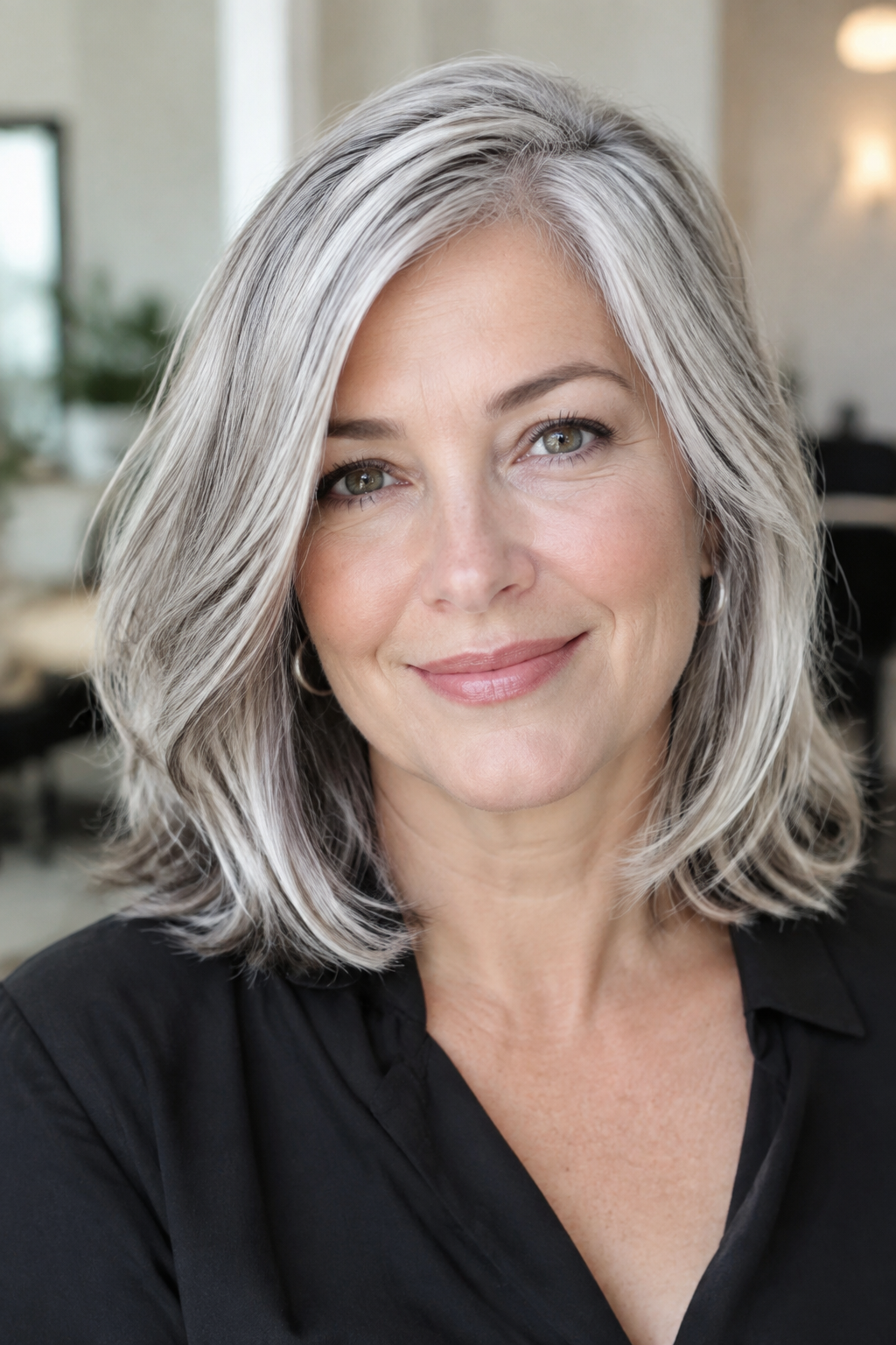 Woman over 50 with shoulder-length salt-and-pepper hair, the mix of gray and darker strands still clear.