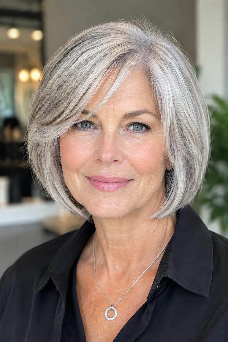 Woman over 60 with a silver layered bob, gray hair that reads cool rather than yellow.