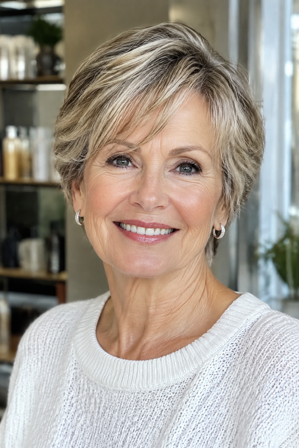 Woman over 60 with a textured short crop, soft volume and no tight scalp along the part.
