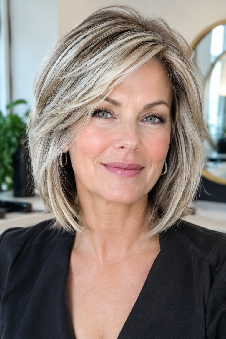 Woman over 50 with a side-parted layered cut, some height at the crown so the part does not look bare.